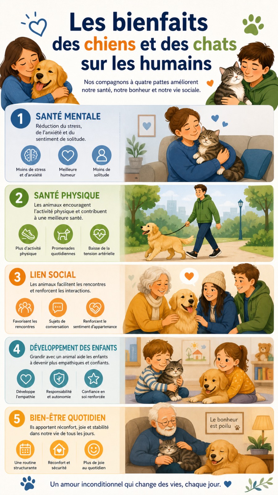 Infographie sur les bienfaits des chiens et des chats sur les humains.