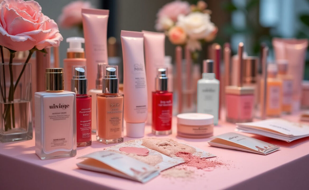 Un présentoir recouvert de différents cosmétiques.