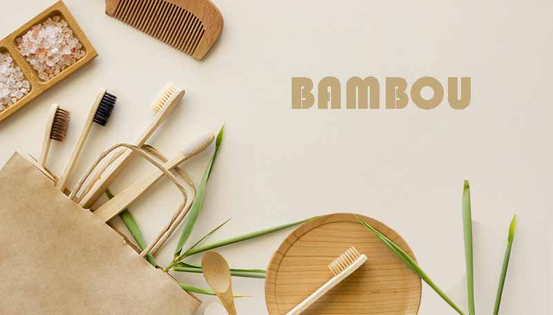 Objets réalisé en bambou : divers emballages, sacs, manche de brosse à dent, plat, paille.
