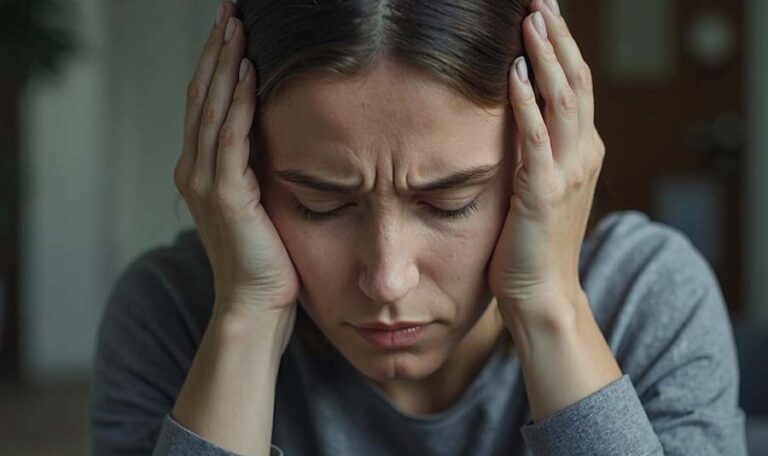 Une femme se tenant la tête, elle à des douleurs a la tête.