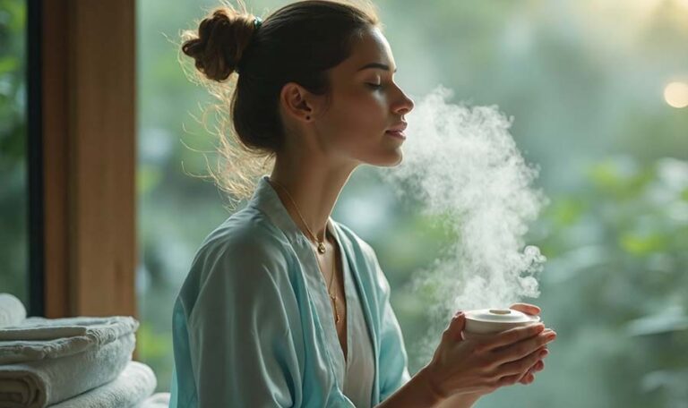 Une femme inhalant des huiles essentielles avec de la vapeur.