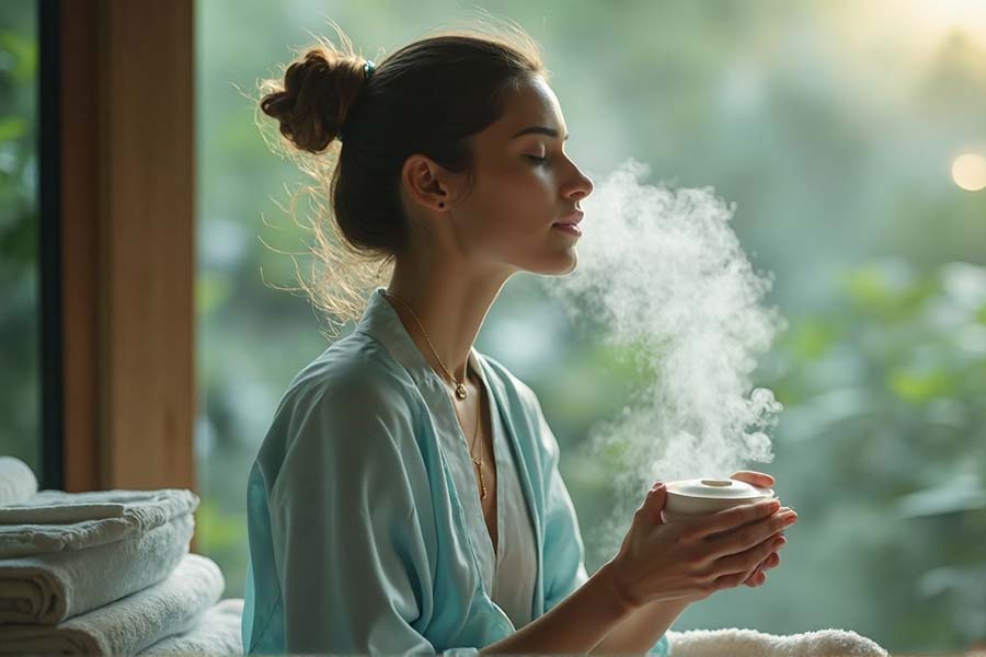 Une femme inhalant des huiles essentielles avec de la vapeur.
