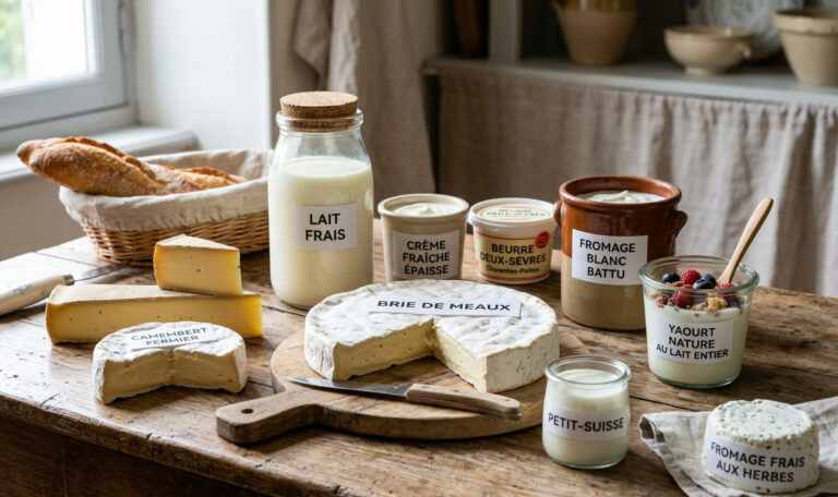 Une table de cuisine ou de nombreux produits laitiers sont exposées.