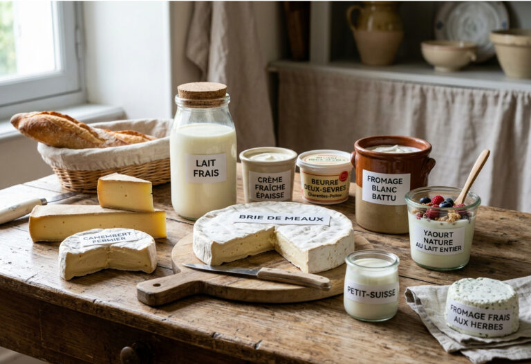 Le lait et le fromage sont-ils bons pour la santé ? Une table de cuisine ou de nombreux produits laitiers sont exposées.