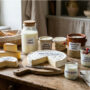 Une table de cuisine ou de nombreux produits laitiers sont exposées.