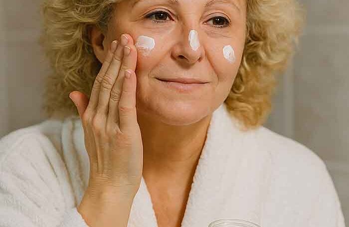 Une femme faisant sa routine matinale de soins de la peau